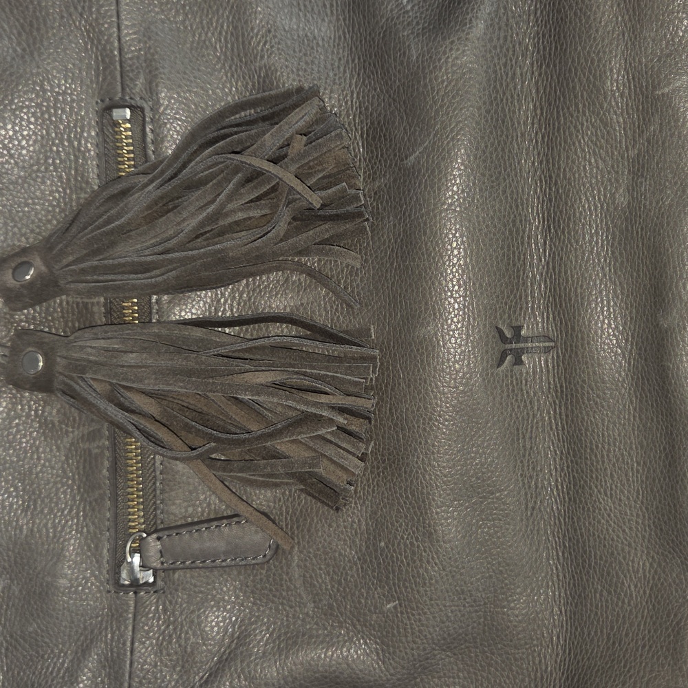 FRYE Smoke Gray Leather Purse With Fringe Tassle HOBO Handbag Shoulder Bag NWT - Picture 3 of 12